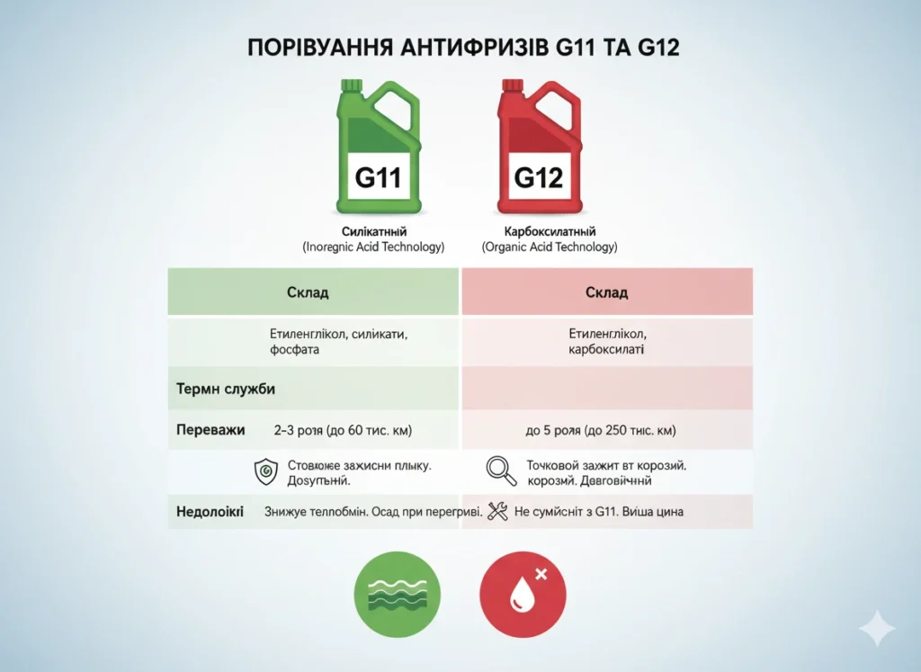 Порівняння антифризів G11 та G12: склад, термін служби, переваги та недоліки