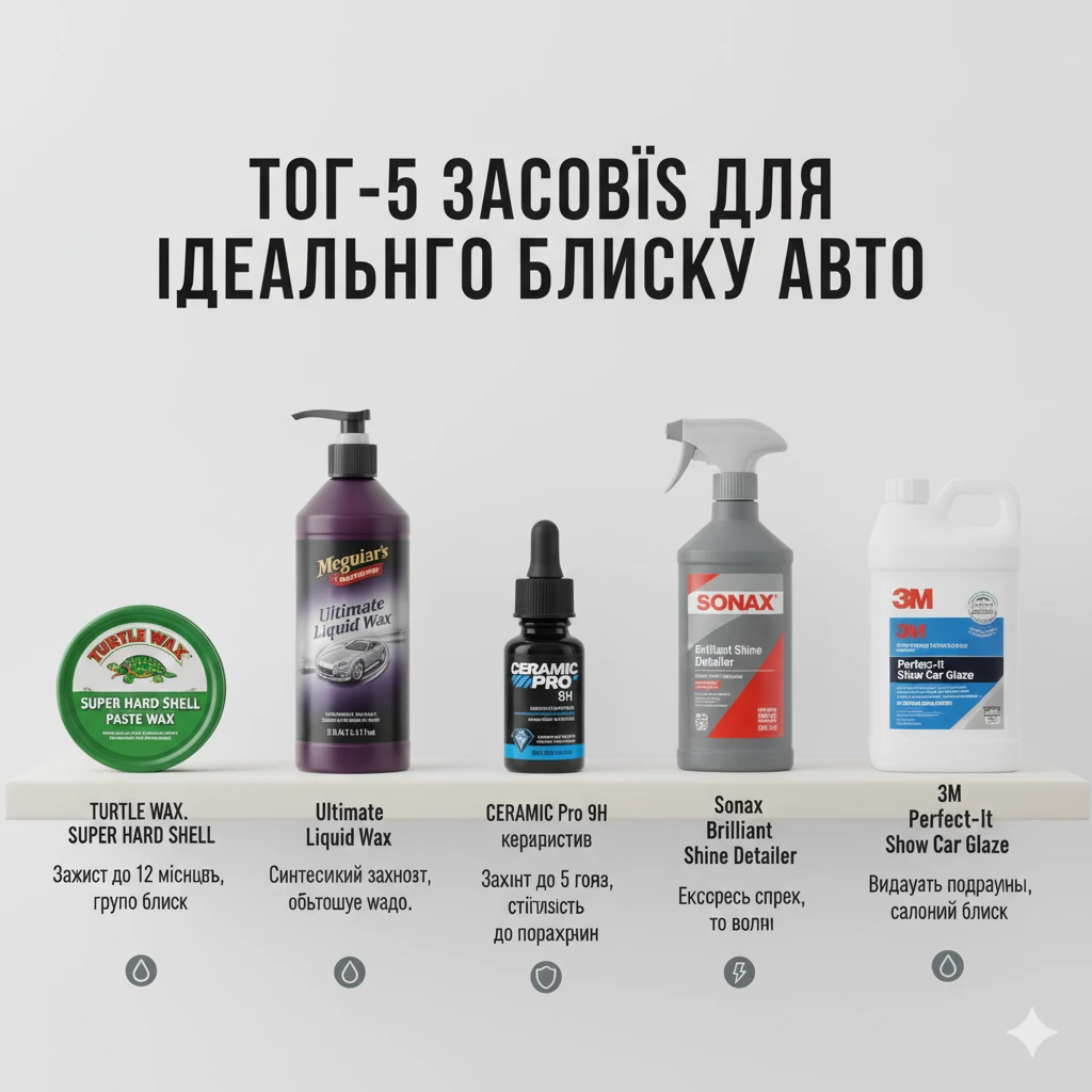ТОП-5 засобів для блиску автомобіля: Turtle Wax, Meguiar's, Ceramic Pro, Sonax, 3M — порівняння та відгуки