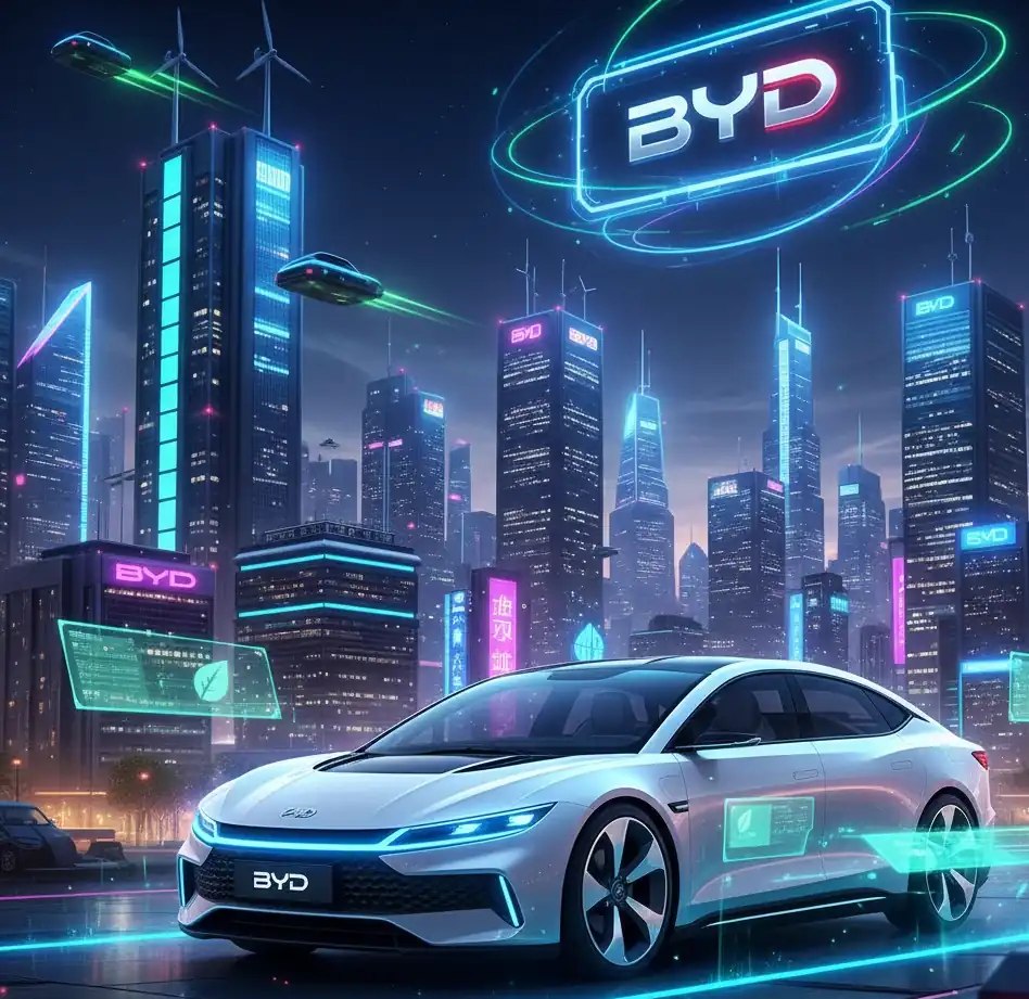 Футуристичний електромобіль BYD на тлі екологічного міста — дізнайтеся, як китайський бренд змінив світ автомобілів