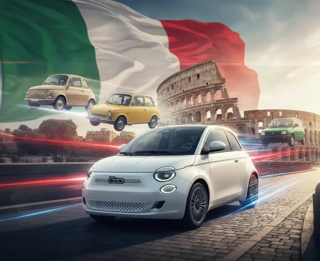 Історія Fiat: від перших автомобілів до сучасних електрокарів. Еволюція італійського бренду у яскравій інфографіці з моделями Fiat 500, Fiat 124 та Fiat 500e на тлі Риму.