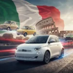 Історія Fiat: від перших автомобілів до сучасних електрокарів. Еволюція італійського бренду у яскравій інфографіці з моделями Fiat 500, Fiat 124 та Fiat 500e на тлі Риму.