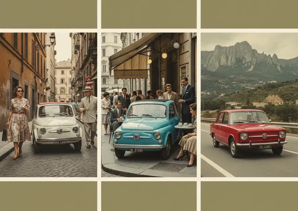 Легендарні моделі Fiat XX століття: Fiat 500 (1957), Fiat 600 (1955) та Fiat 124 (1966) на тлі італійських міст.