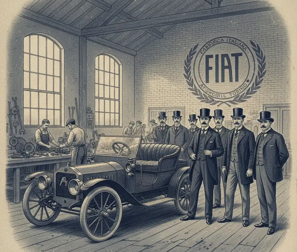 Перший завод Fiat у Турині (1899 рік) та перший автомобіль Fiat 4 HP. Історична ілюстрація заснування бренду.