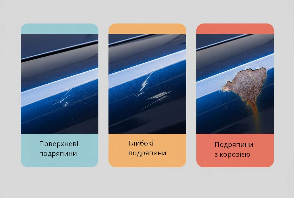 Види подряпин на автомобілі: поверхнева подряпина, глибока подряпина та подряпина з корозією. Як визначити тип подряпини на кузові.