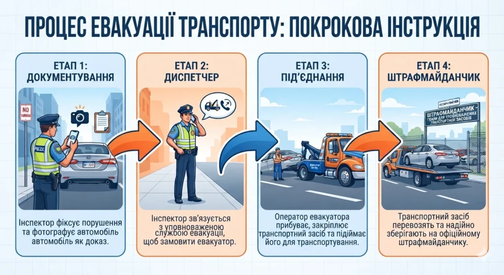 Процедура евакуації автомобіля: від фіксації порушення до доставки на штрафмайданчик