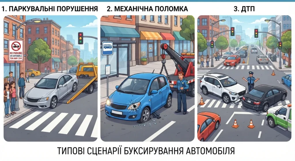 Причини евакуації автомобіля: паркування на пішохідному переході, технічні несправності, ДТП
